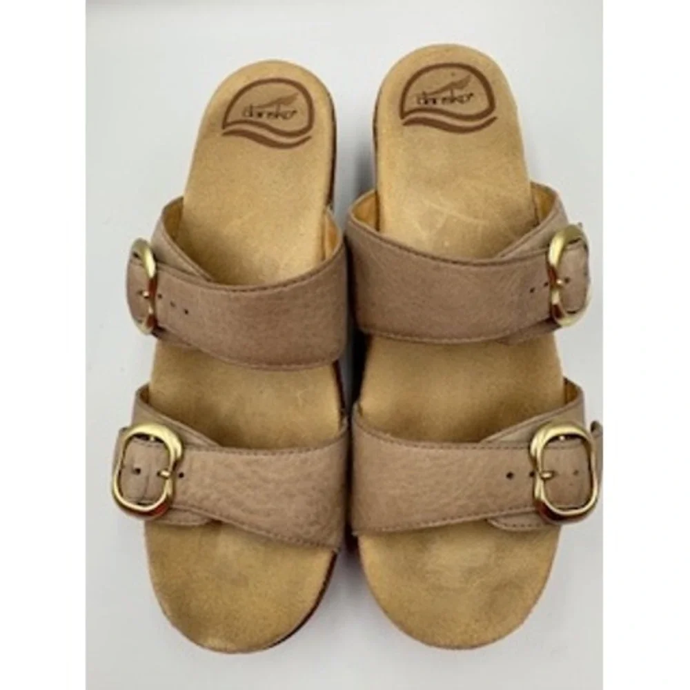 Dansko Slide Sandals Taupe Leather Double Buckle Platform Wedge Casual Size 37